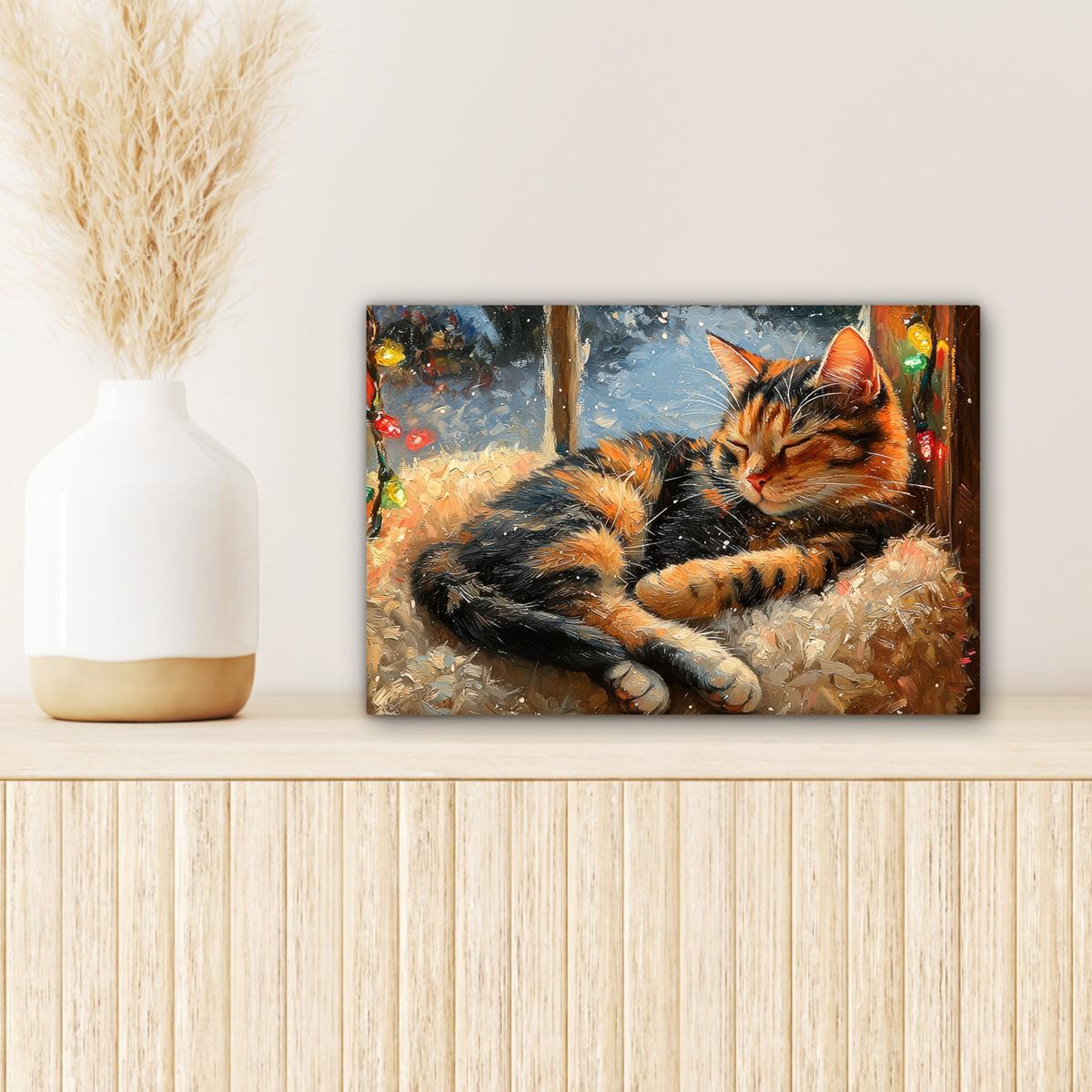 LEINWANDBILD Katze - Weihnachten - Winter - Tier Deko Schlafzimmer 30x20 cm - Bernsteinfarben, Textil (30/20cm) - MuchoWow