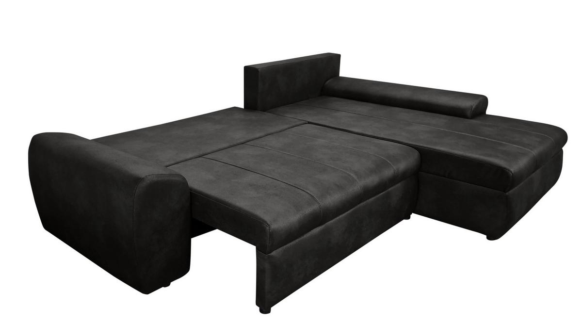 ECKSOFA mit Schlaffunktion, Bettkasten, Wellenunterfederung, Ottomane rechts B266/T186/H90 cm, Mikrofaser Leder-Optik Vintage Schwarz / 18013 - Schwarz, Kunststoff/Textil (266/186cm) - luma-home