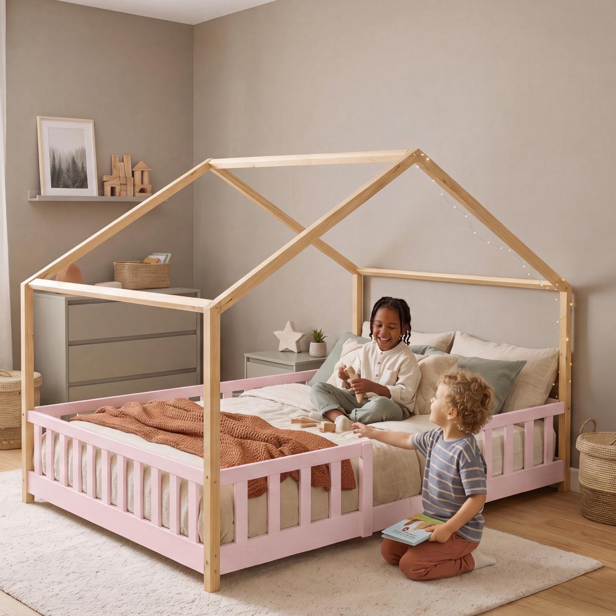 HAUSBETT Treviolo - Pink/Naturfarben, Holz (140/200cm) - [en.casa]