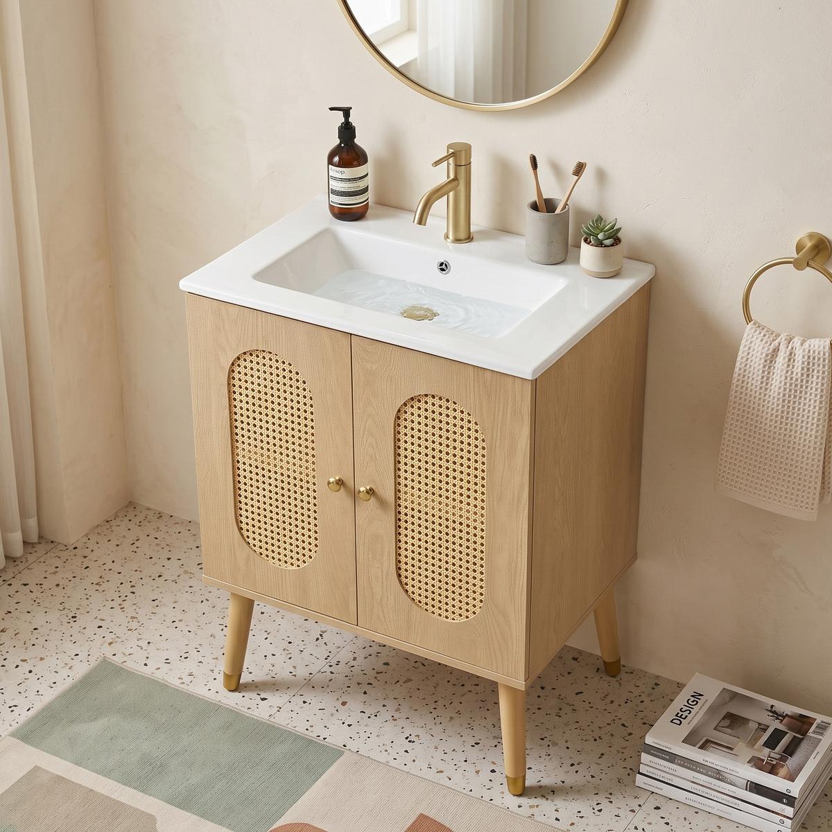 WASCHTISCHUNTERSCHRANK Holzoptik mit Rattan-Türen & Keramikbecken - Naturfarben, Holzwerkstoff (61/89/47cm) - Urban Meuble