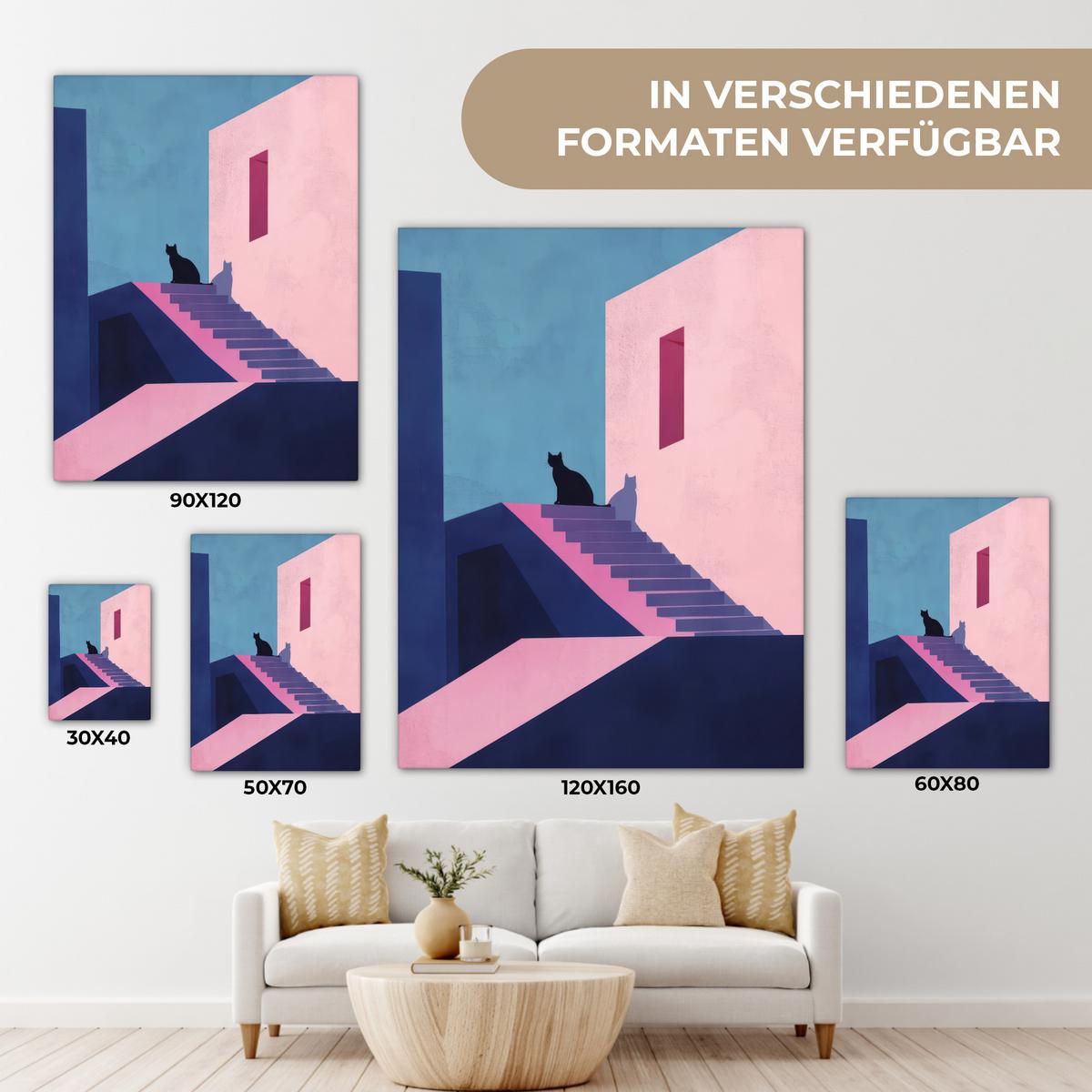 LEINWANDBILD Katze - Treppe - Gebäude - Schattenkontraste Room Decor 30x40 cm - Dunkelblau, Textil (30/40cm) - MuchoWow
