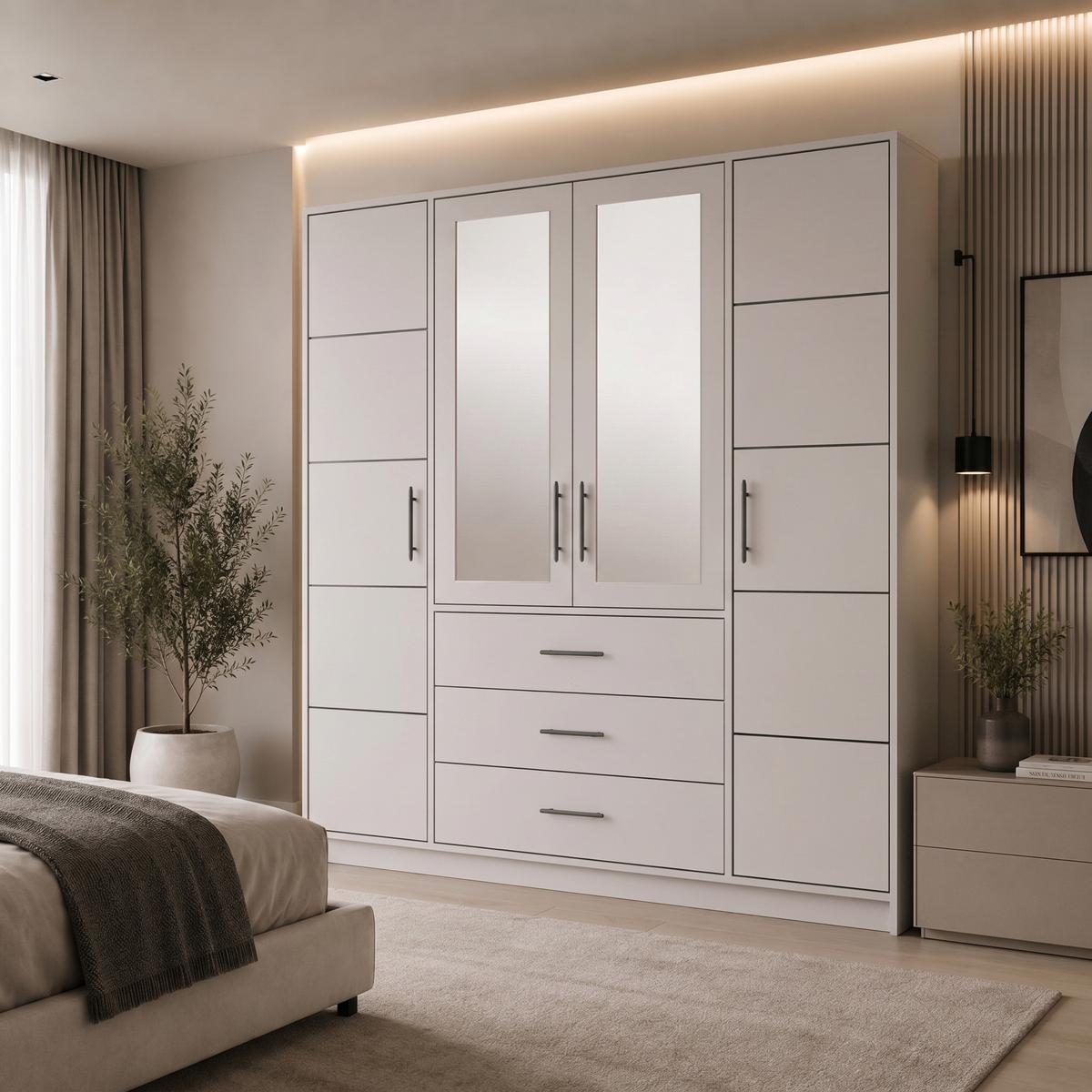 DREHTÜRENSCHRANK Bali 4-Türen, mit 3 Schubladen und Spiegel, Kaschmir - Kaschmir, Holzwerkstoff (196/200/58cm) - Beautysofa
