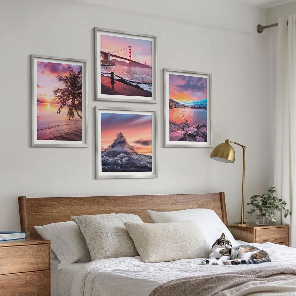 BILDER SET 4er Set - 50x50 cm & 40x60 cm Silberner Rahmen - Sonnenuntergangsbrücke Landschaft - Silberfarben, Kunststoff (50/50cm) - TULUP