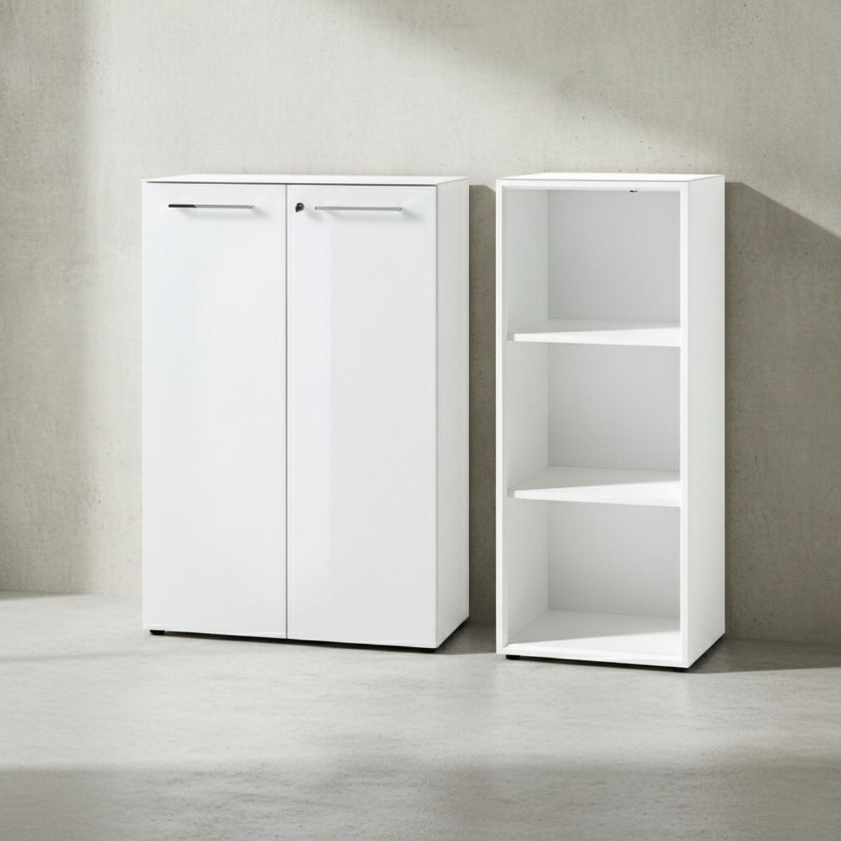 BÜRO-SET MUENCHEN 2-teilig Weiß | 120cm hoch | Kommode x Regal | Glas Front & Abschließbar - Weiß, Holzwerkstoff/Metall (145/120/37cm) - KADIMA DESIGN