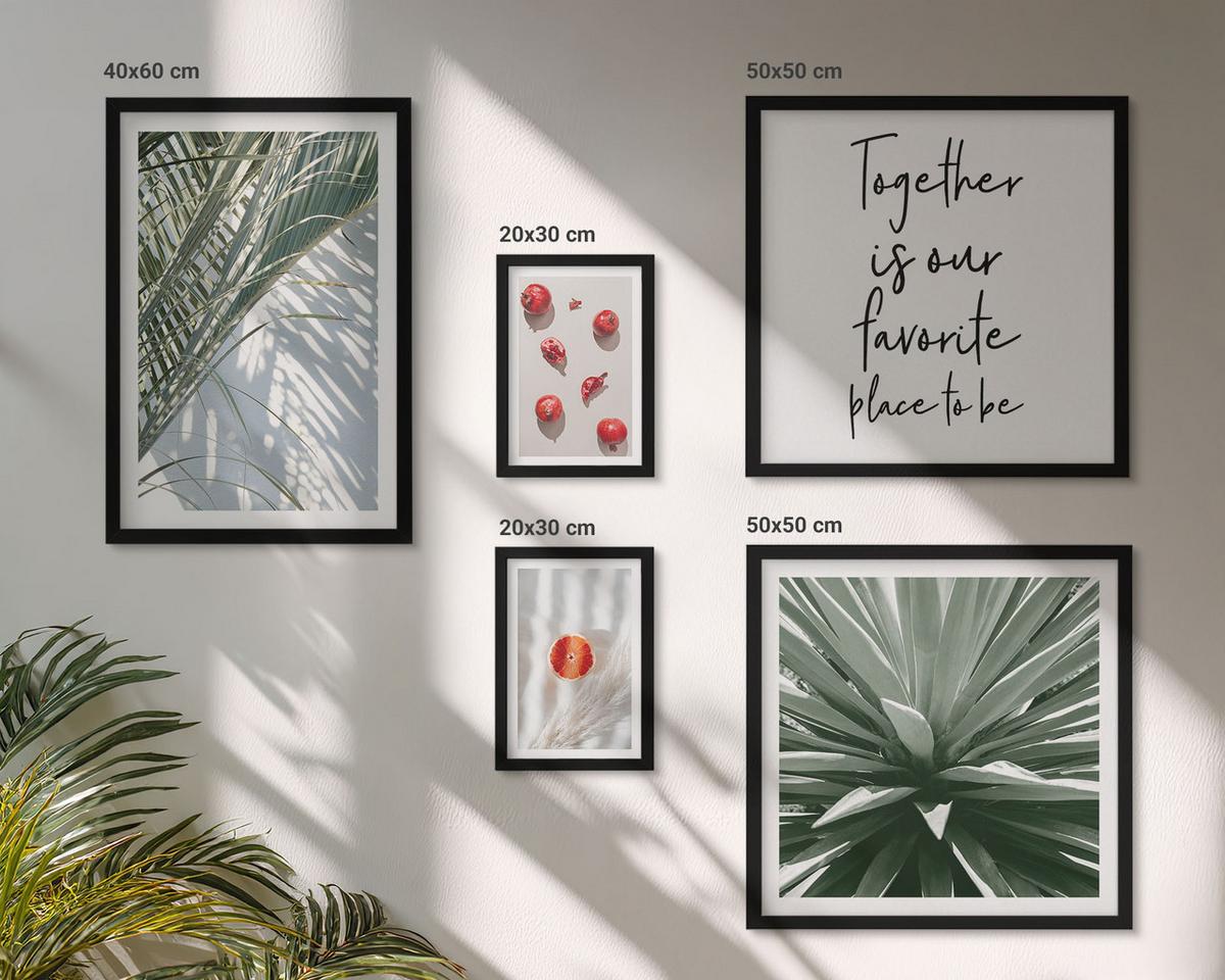 BILDER SET 5er Set - 50x50 cm & 20x30 cm & 40x60 cm Schwarzer Rahmen - Feiertags-Palmenfrucht-Inschrift - Schwarz, Kunststoff (40/60cm) - TULUP