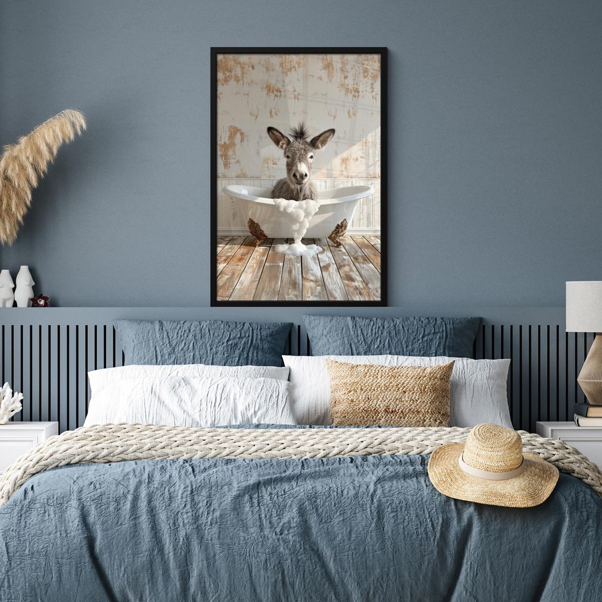 POSTER MIT RAHMENGERAHMTES BILD Esel - Tiere - Badewanne - Schaumstoff 60x90 cm - Weiß, Papier (60/90cm) - MuchoWow