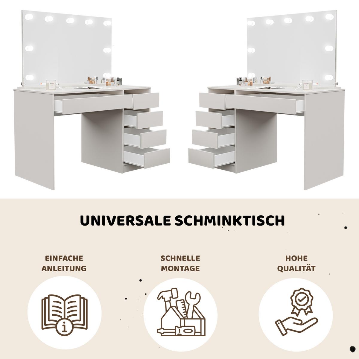 SCHMINKTISCH Bella Beige Cashmere 110 cm mit Spiegel und LED Beleuchtung - Kaschmir, Holzwerkstoff (110/77/55cm) - Idohome