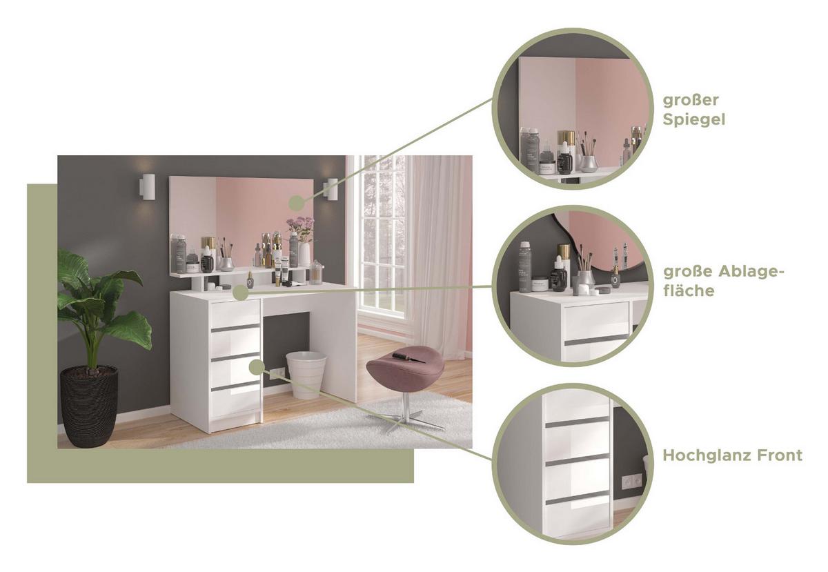 SCHMINKTISCH weiß Hochglanz 110 cm, Kosmetiktisch mit Schubladen und Spiegel - Weiß, Holzwerkstoff (110/145/48cm) - Inn.Furn