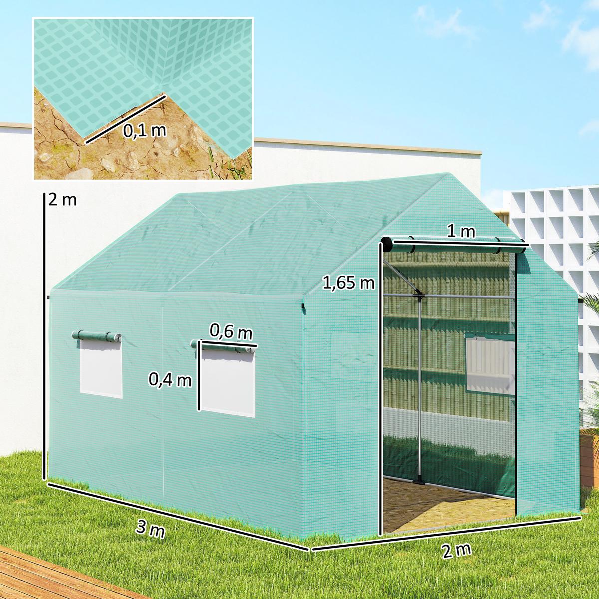 FOLIENGEWÄCHSHAUS, 2 x 3 x 2 m Gewächshaus, Treibhaus mit Rollfenster, Rolltür - Grün, Metall (300/200/200cm) - Outsunny