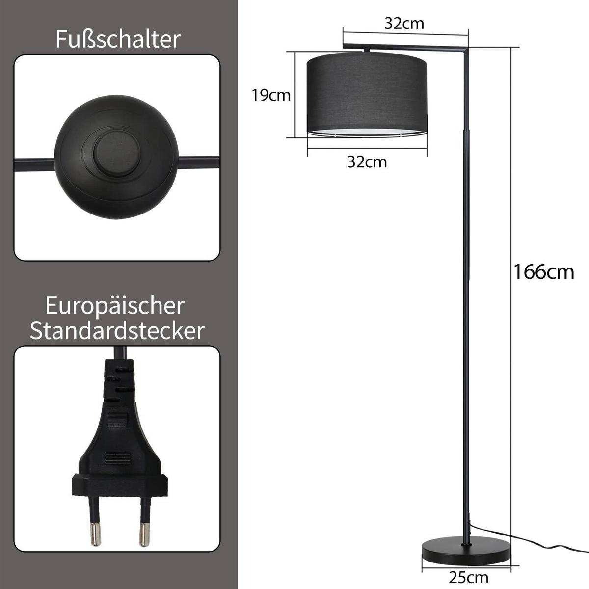 STEHLEUCHTE Karlsruhe 32/25/166 cm - Schwarz, Metall (86/25/145cm) - Nettlife