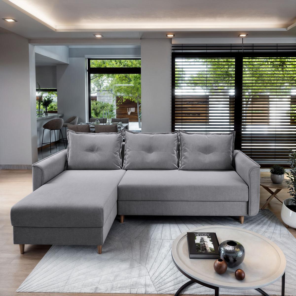 ECKSOFA PISAN R-S Hellgrau Plüsch-Stoff mit Schlaffunktion - Hellgrau/Braun, Holz/Textil (220/140cm) - MASSENO