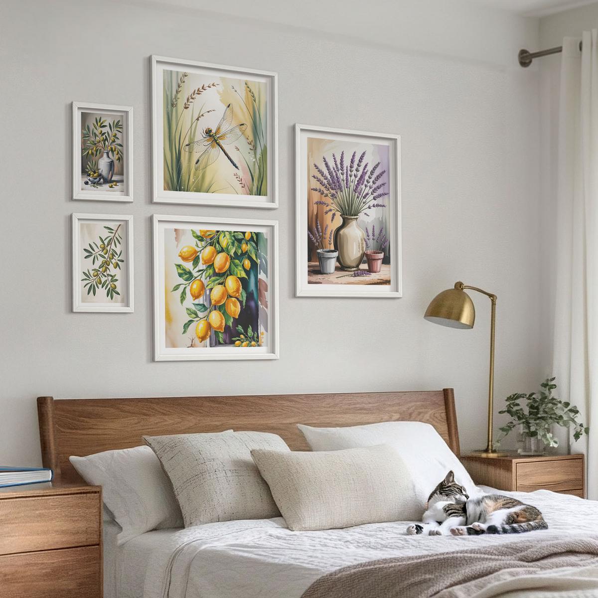 BILDER SET 5er Set - 50x50 cm & 20x30 cm & 40x60 cm Weißer Rahmen - Lavendelblüten und Architektur - Weiß, Kunststoff (40/60cm) - TULUP