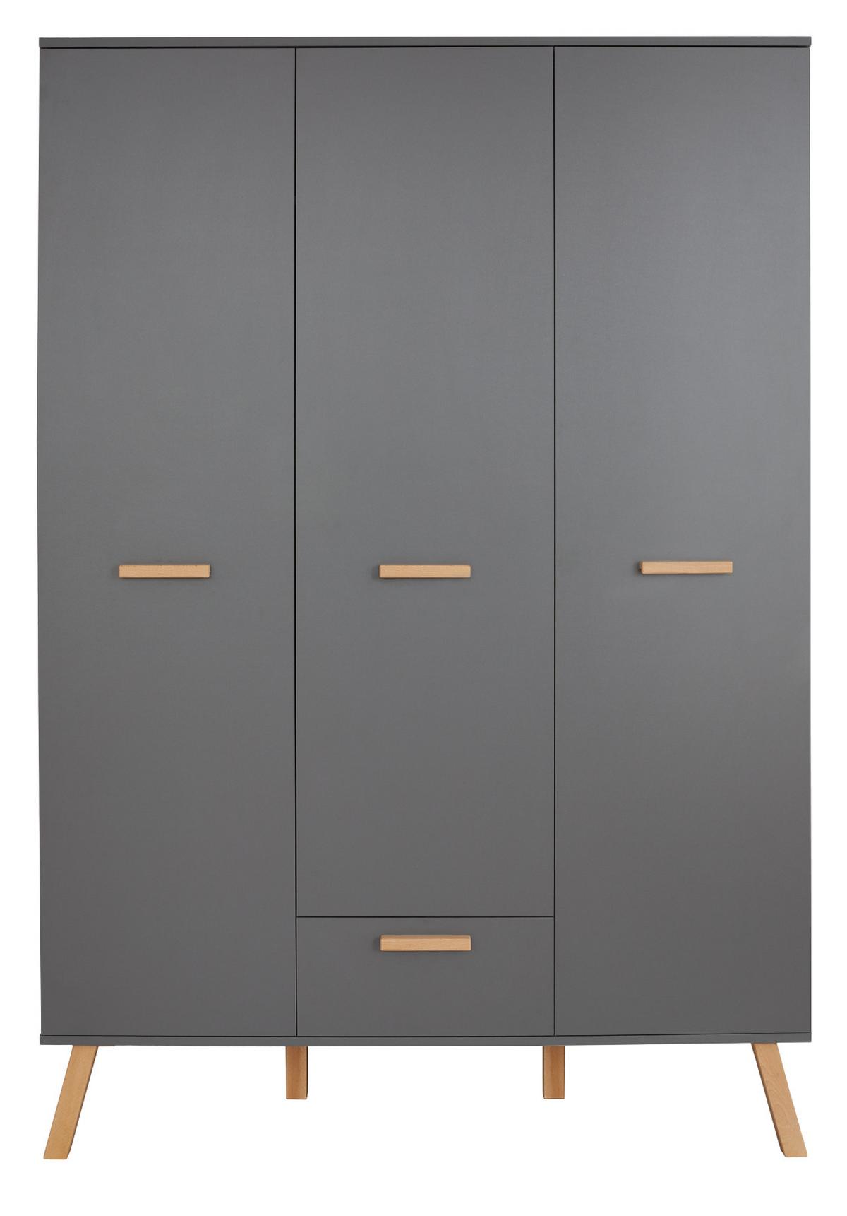 KLEIDERSCHRANK grau matt mit Buche massiv, 3-türig 130 x 190 cm für Baby- und Kinderzimmer - Eichefarben/Buchefarben, Holz/Holzwerkstoff (60/190/130cm) - Top.Furn