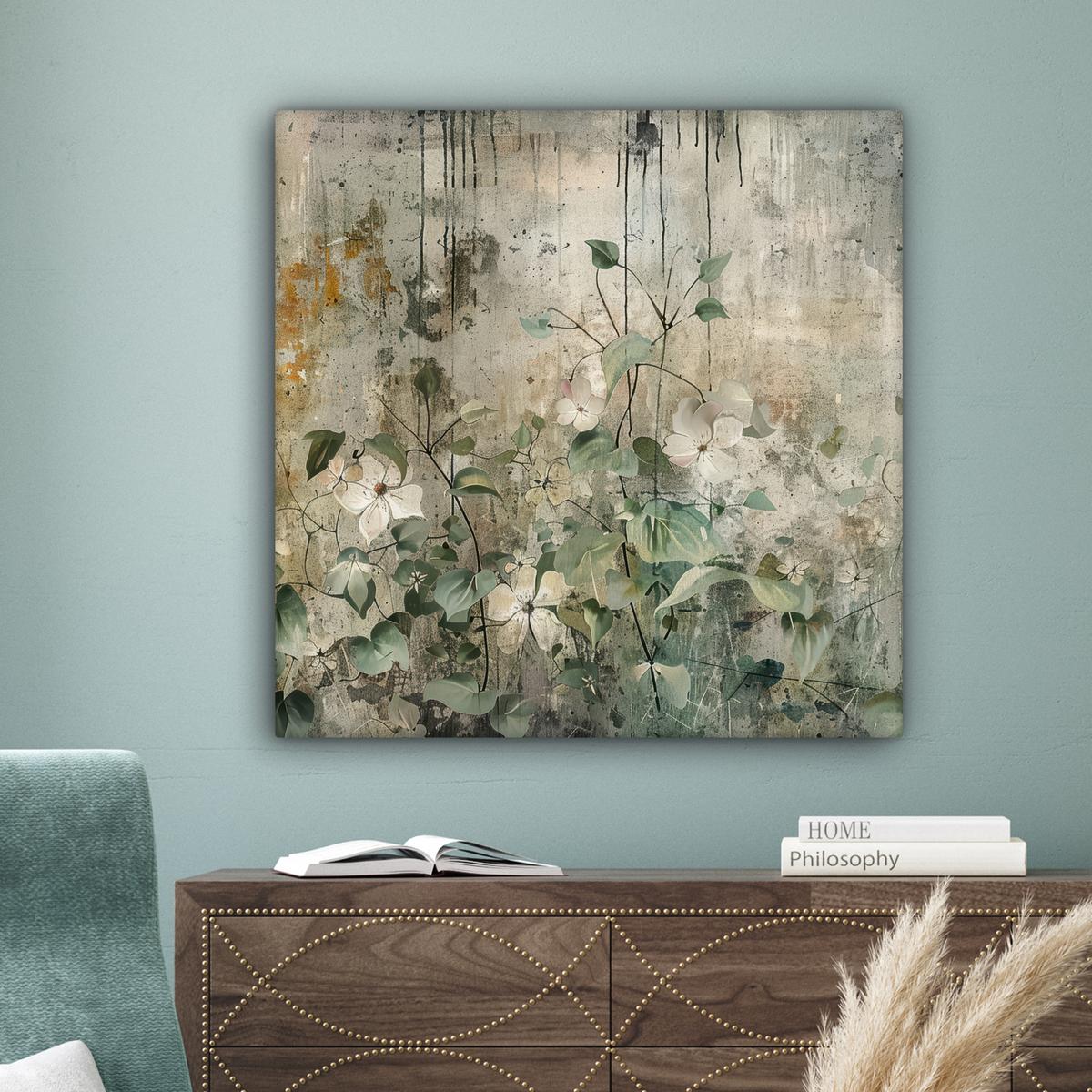 LEINWANDBILD Blumen - Blätter - Abstrakt - Modern Deko Groß 90x90 cm - Grau, Textil (90/90cm) - MuchoWow