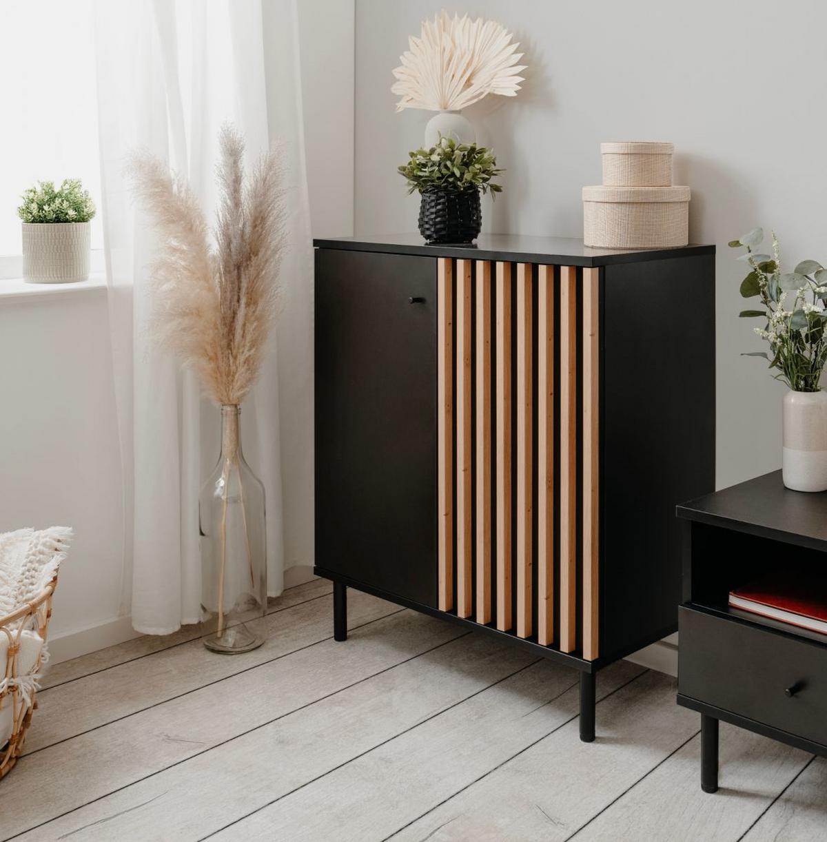 KOMMODE schwarz, Eiche Artisan 80 cm, Sideboard mit 3D-Lamellen - Schwarz/Eiche Artisan, Holzwerkstoff/Metall (80/90/40cm) - Furn.Design