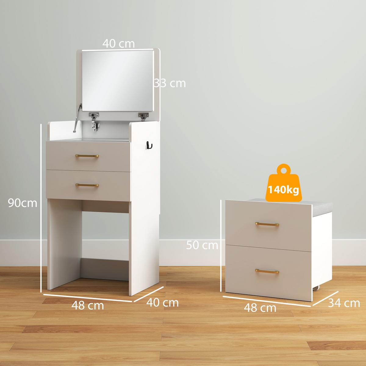 3 in 1 Schminktisch mit Hocker, Kosmetiktisch mit Spiegel, 3 Schubladen - Beige/Weiß, Holzwerkstoff/Textil (40/90/48cm) - HOMCOM