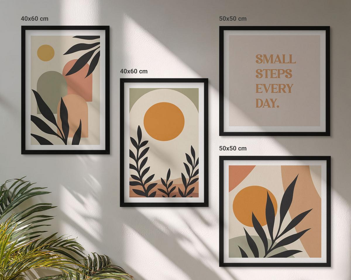 BILDER SET 4er Set - 50x50 cm & 40x60 cm Schwarzer Rahmen - Abstrakte Pflanzenmotive - Schwarz, Kunststoff (50/50cm) - TULUP