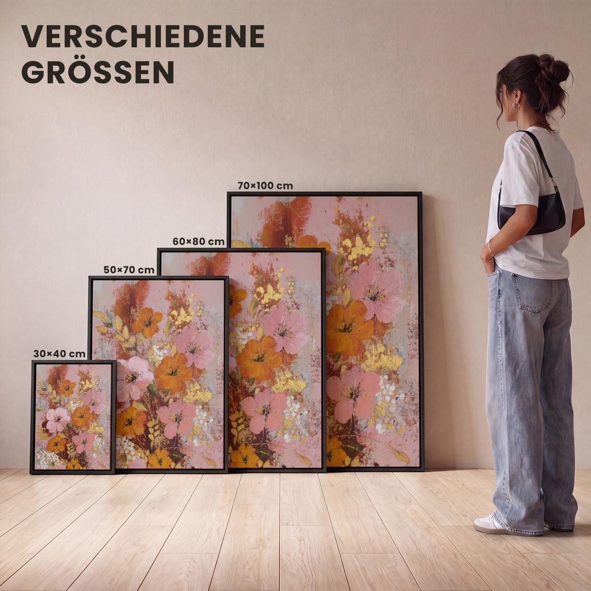 LEINWAND Bilder mit Rahmen - Malerei - Blumen - Rustikal - Rosa - 70x100 - Altrosa, Textil (70/100cm) - MuchoWow