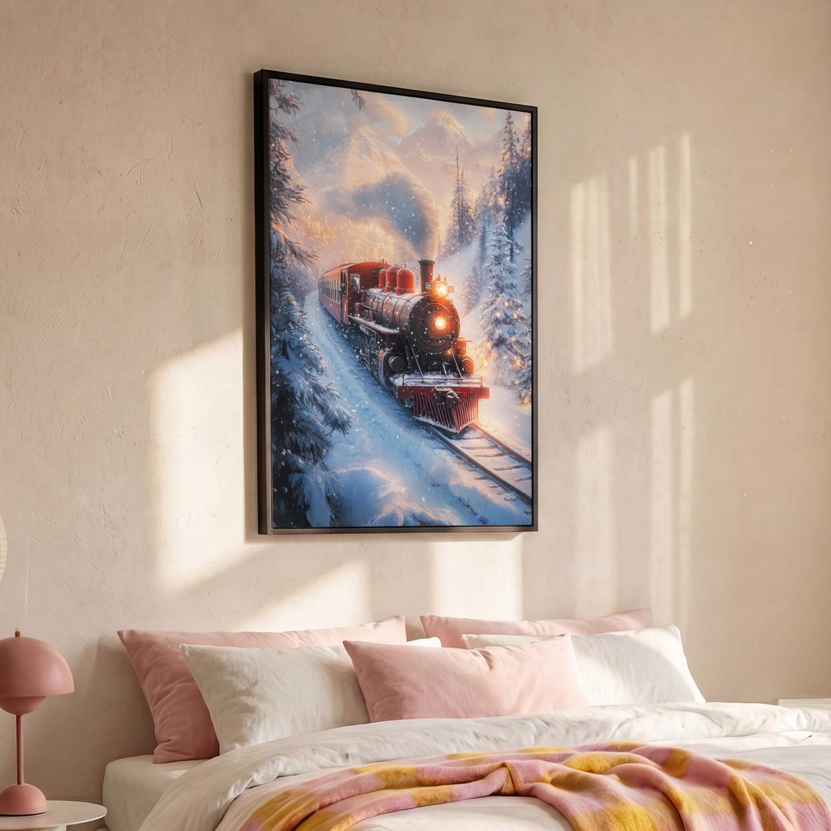 LEINWAND Bilder mit Rahmen - Weihnachtszug - Schnee - Winter - Weihnachten - 100x150 - Dunkelrot, Textil (100/150cm) - MuchoWow