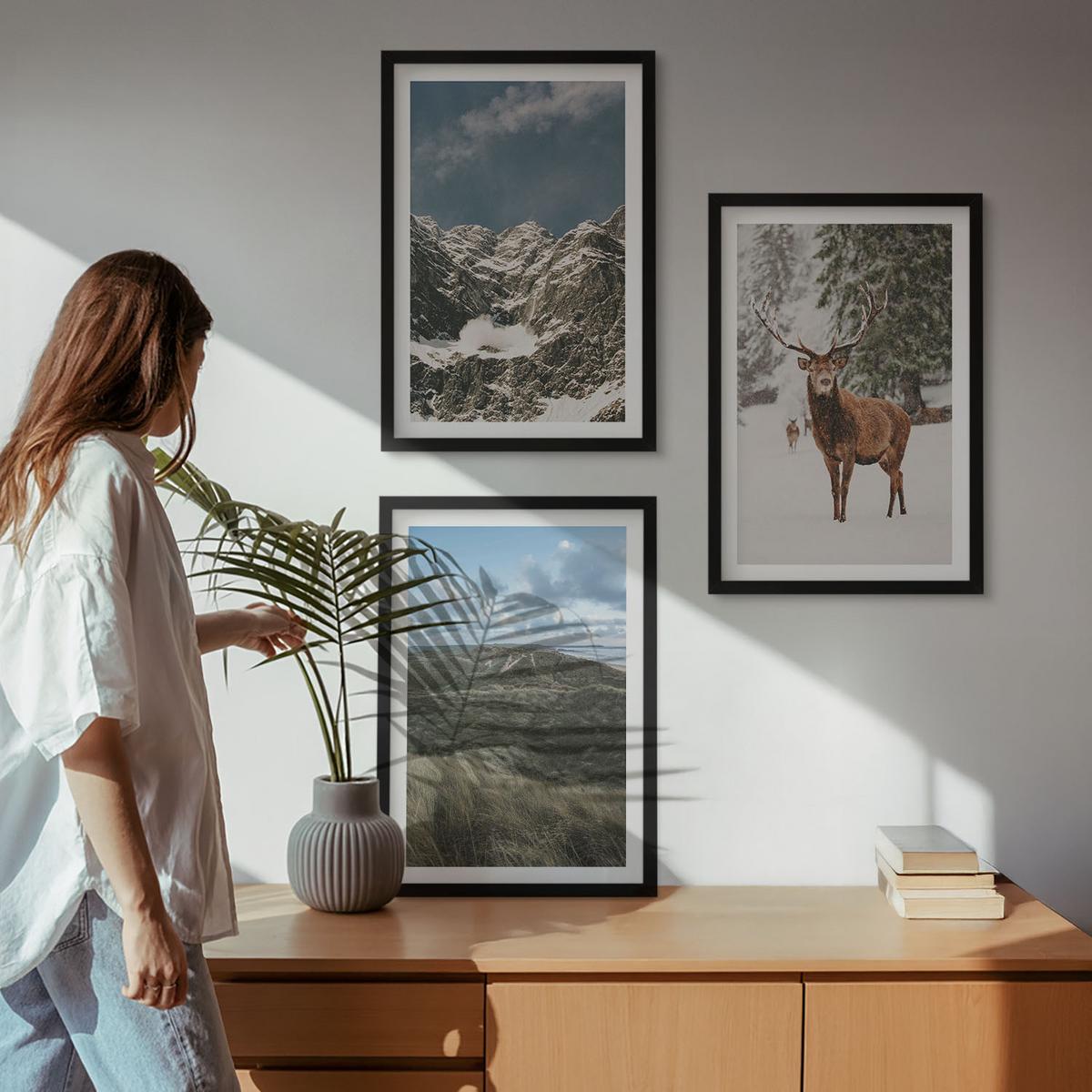 BILDER SET 3er Set - 40x60 cm Schwarzer Rahmen - Berge, Schnee, Hirsche, Waldlandschaft - Schwarz, Kunststoff (40/60cm) - TULUP