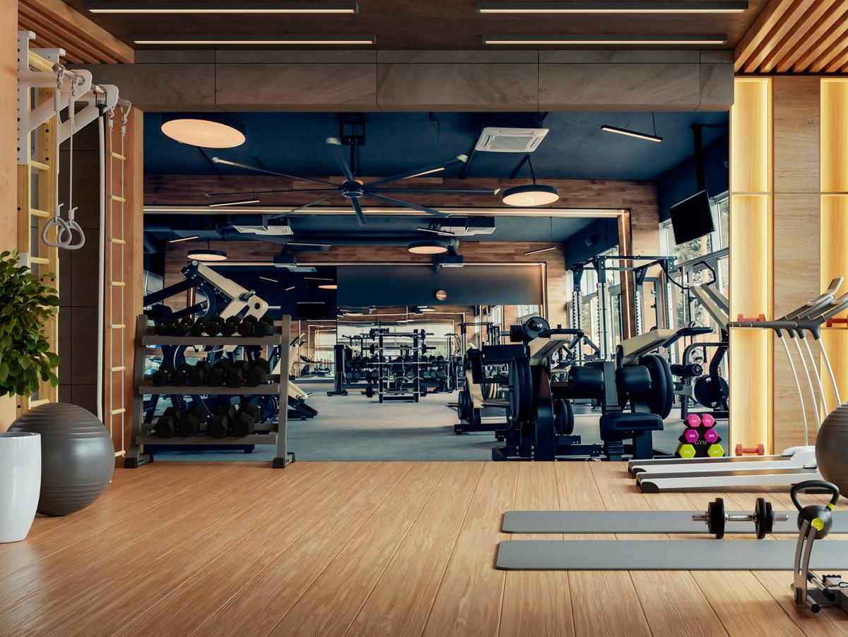 FOTOTAPETE Modernes Fitnessstudio Trainingsgeräte Sport 200x140 - Schwarz/Braun, Papier (200/140cm) - Muralo