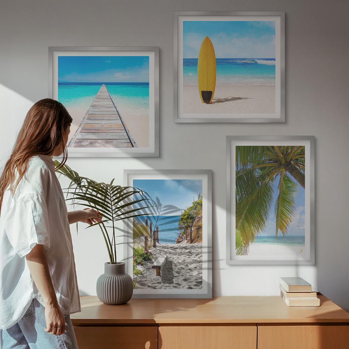 BILDER SET 4er Set - 50x50 cm & 40x60 cm Silberner Rahmen - Urlaubsblick Strand Palmen - Silberfarben, Kunststoff (50/50cm) - TULUP