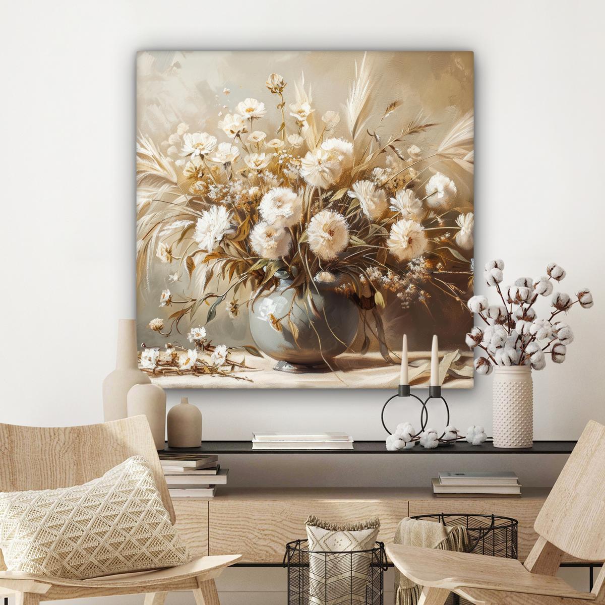 LEINWANDBILD Blumen - Vase - Stilleben - Beige Deko Groß 90x90 cm - Creme, Textil (90/90cm) - MuchoWow