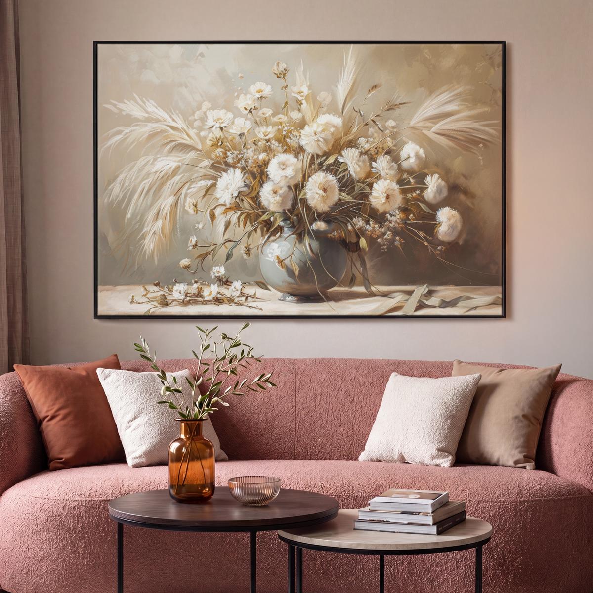 LEINWAND Bilder mit Rahmen - Blumen - Vase - Stilleben - Beige - 120x80 - Creme, Textil (120/80cm) - MuchoWow