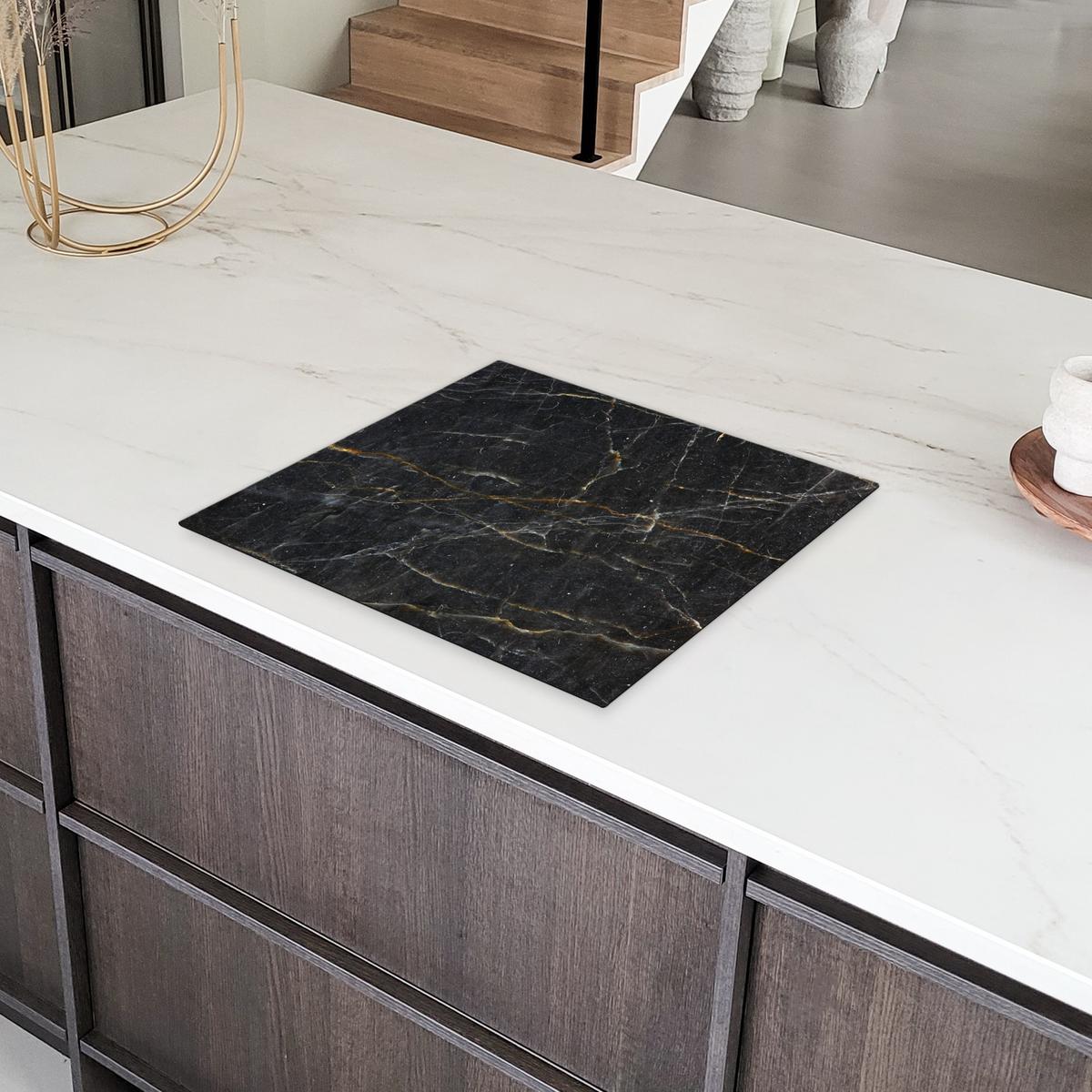 HERDABDECKPLATTE Marmor - Schwarz - Gold - Grau - Marmorstruktur Herdabdeckung Induktionsfeld 60x52 cm - Goldfarben, Kunststoff (60/52/0.2cm) - MuchoWow