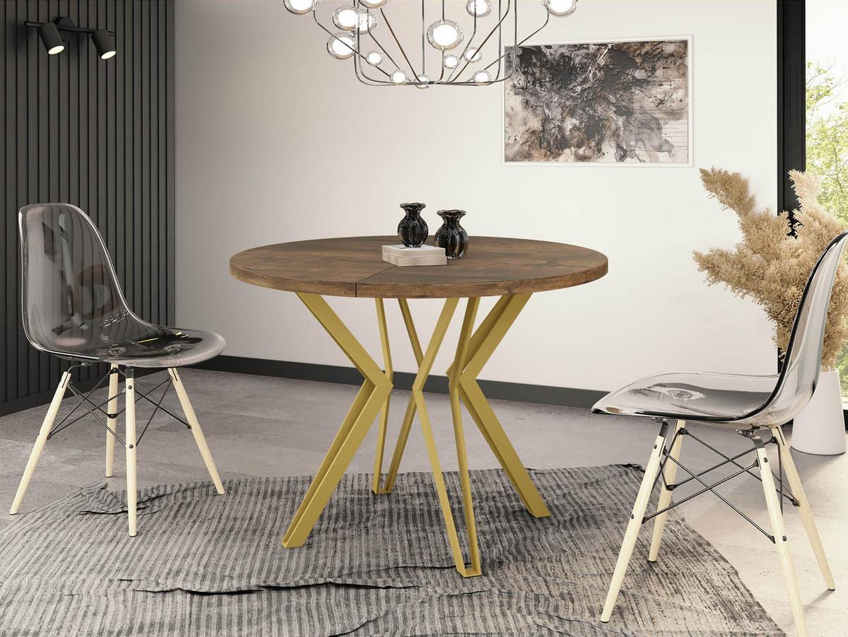 ESSTISCH Daisy runder ausziehbarer, Lefkas Eiche 100-180/100/76 cm - Alteiche/Goldfarben, Holzwerkstoff/Metall (100/180/76cm) - WFL GROUP