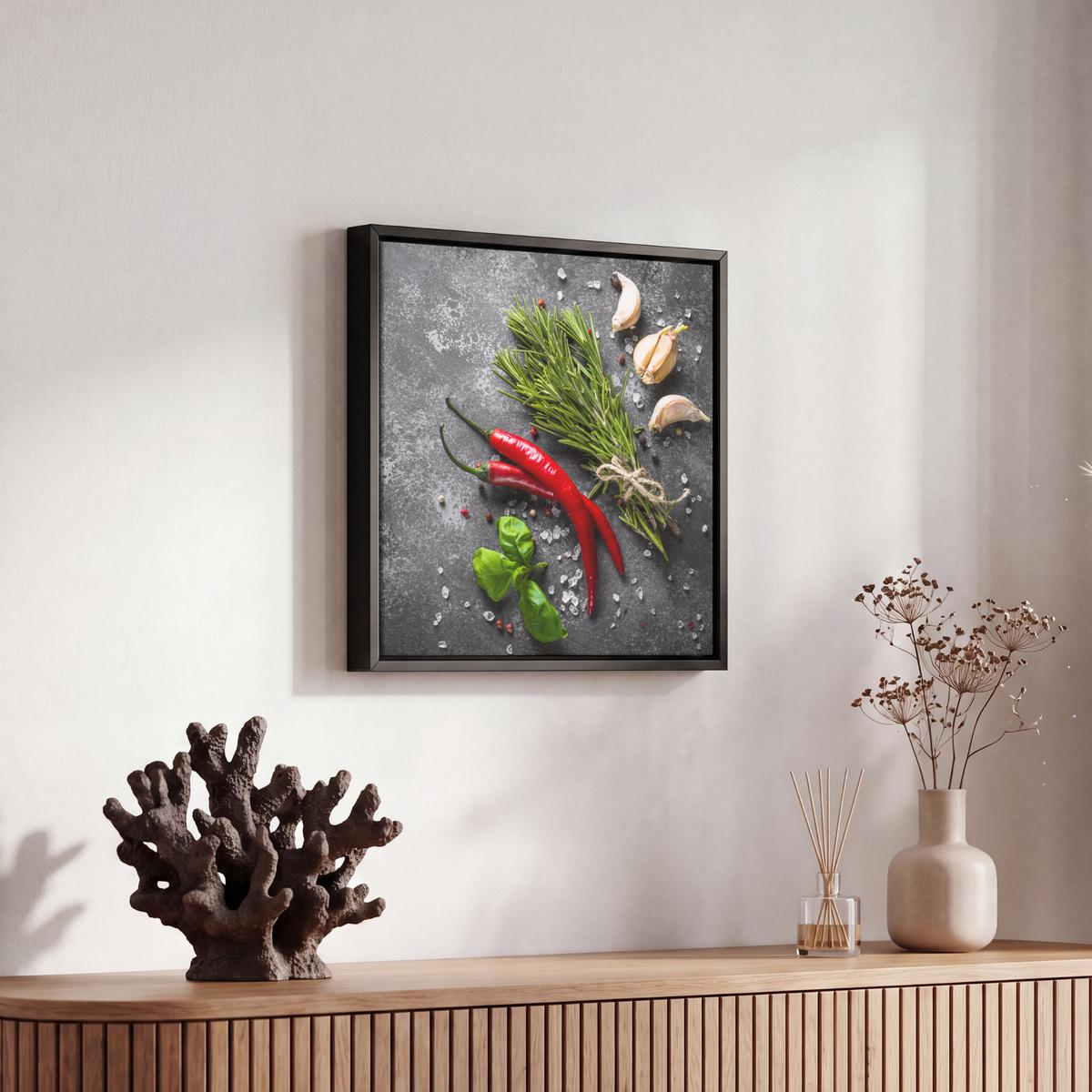 LEINWAND Bilder mit Rahmen - Pfeffer - Kräuter - Gewürze - Beton - 20x20 - Dunkelgrau, Textil (20/20cm) - MuchoWow