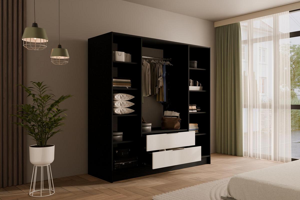 KLEIDERSCHRANK NELIA - 200 cm - Schwarz/Weiß, Holzwerkstoff (200/200/51cm) - ALTDECOR