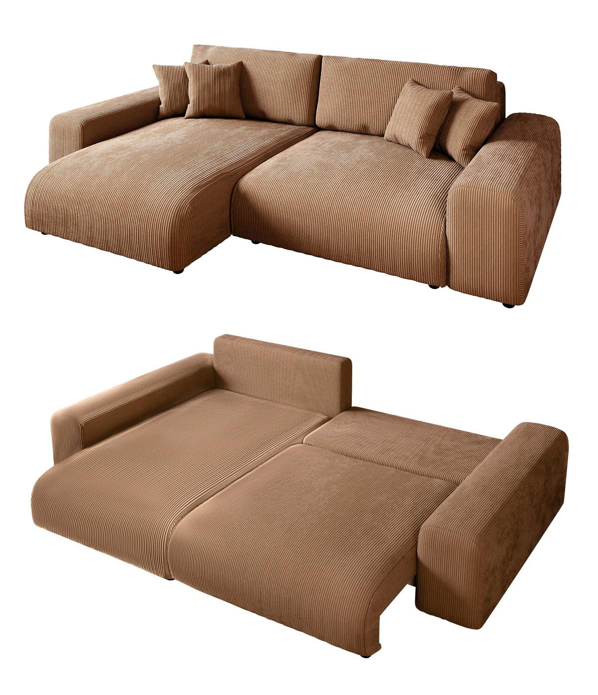 ECKSOFA mit Schlaffunktion, Bettkasten, Wellenunterfederung, seitenverkehrt montierbar B255/T165/H84 cm, Liegefl. 148x196 cm, Cord Hellbraun / 21002 - Hellbraun/Schwarz, Kunststoff/Textil (255/165cm) - luma-home