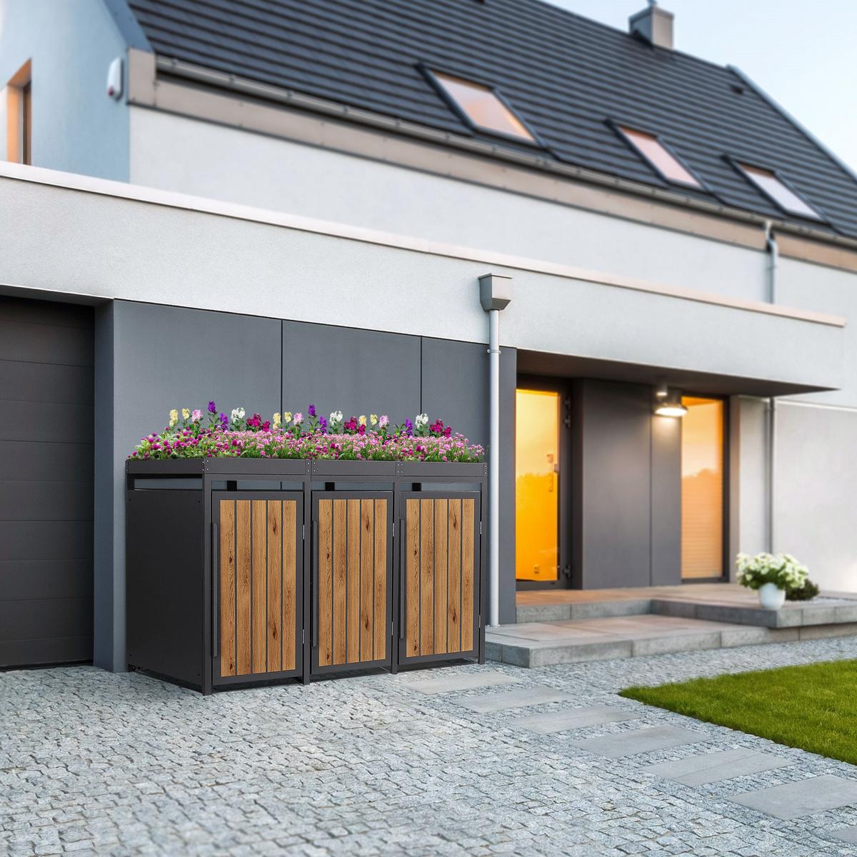 MÜLLTONNENBOX 3er mit Pflanzdach 240L Anthrazit-Holzoptik aus Stahl - Hellbraun, Metall (80/124/196cm) - ML-DESIGN