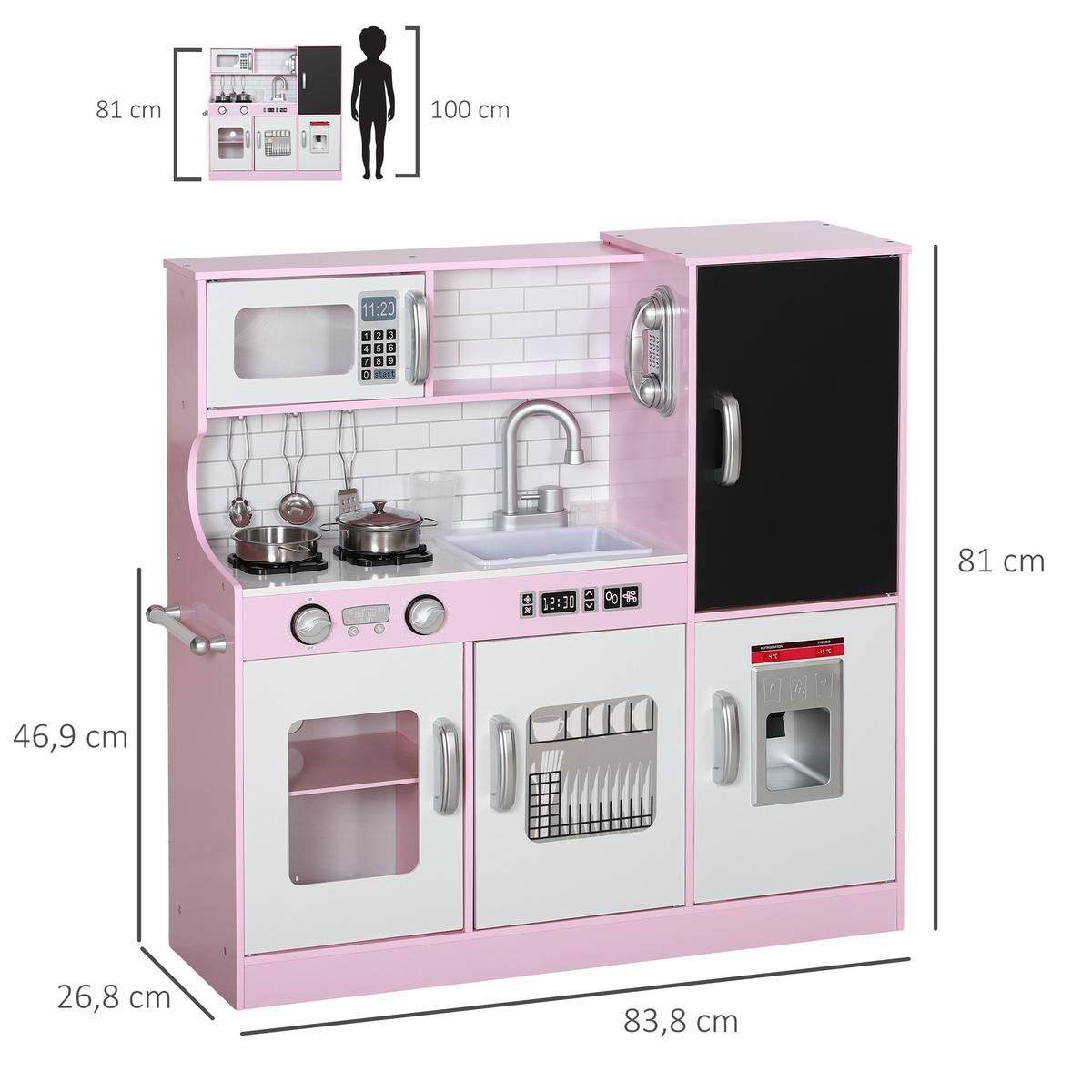 KINDERKÜCHE Spielküche mit Spielzeug Telefon, Kreidetafel, Mikrowelle, Herd Rosa - Hellrosa, Holzwerkstoff (83.8/26.8/81cm) - AIYAPLAY