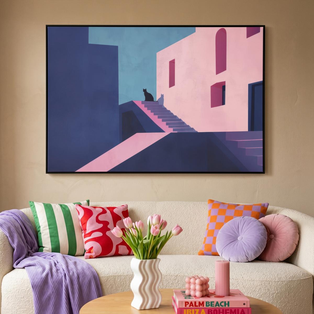 LEINWAND Bilder mit Rahmen - Katze - Treppe - Gebäude - Schattenkontraste - 150x100 - Dunkelblau, Textil (150/100cm) - MuchoWow