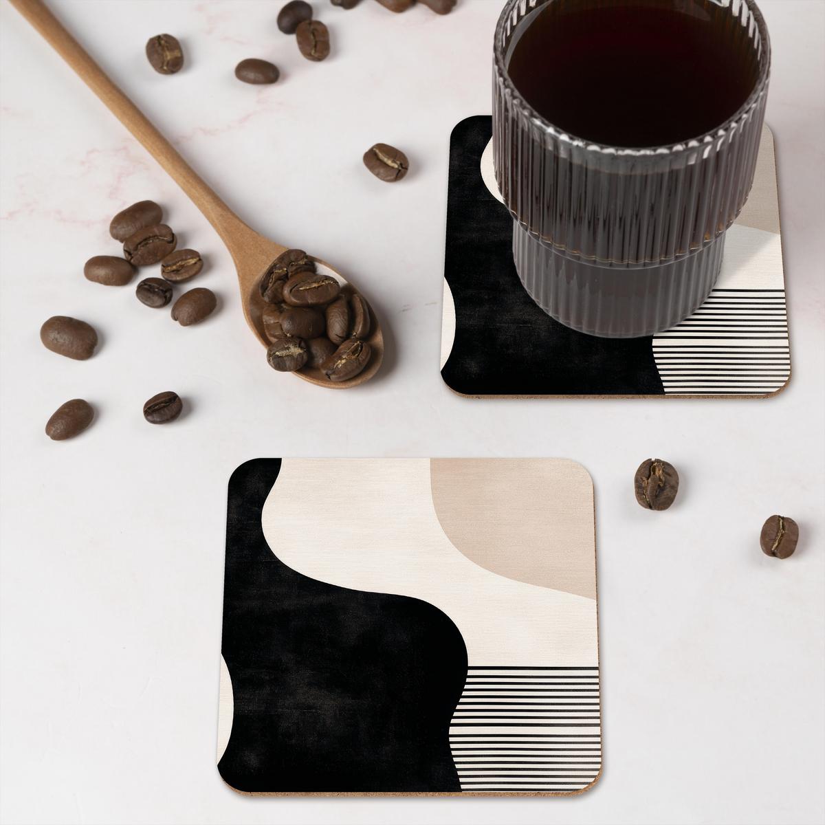 GLASUNTERSETZER 6er-Set Abstrakt - Japandi - Beige - Modern Tischuntersetzer 10x10 cm - Schwarz, Naturmaterialien (10/0.2cm) - MuchoWow