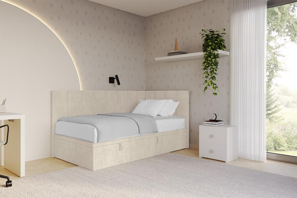 EINZELBETT Jugendbett mit Bettkasten Links, ohne Matratze - LOVY 90x200 Beige - Sandfarben, Holzwerkstoff/Textil (90/200cm) - ALTDECOR