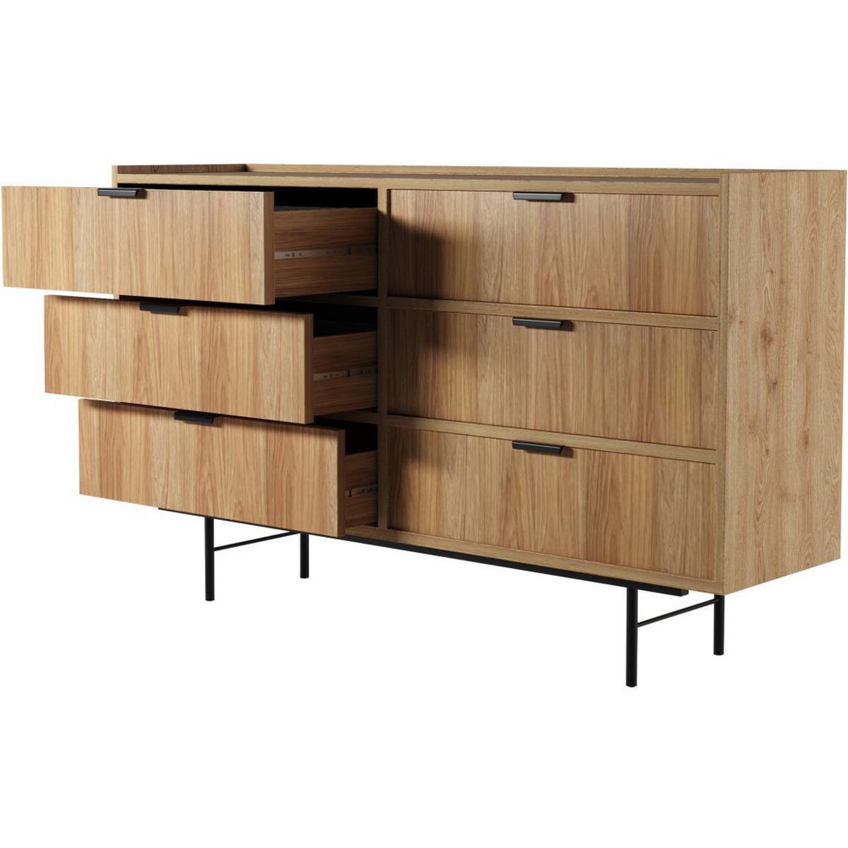 KOMMODE Evron mit 6 Schubladen, Hikora Eiche - Hellbraun/Schwarz, Holzwerkstoff/Metall (150/90/40cm) - Beautysofa