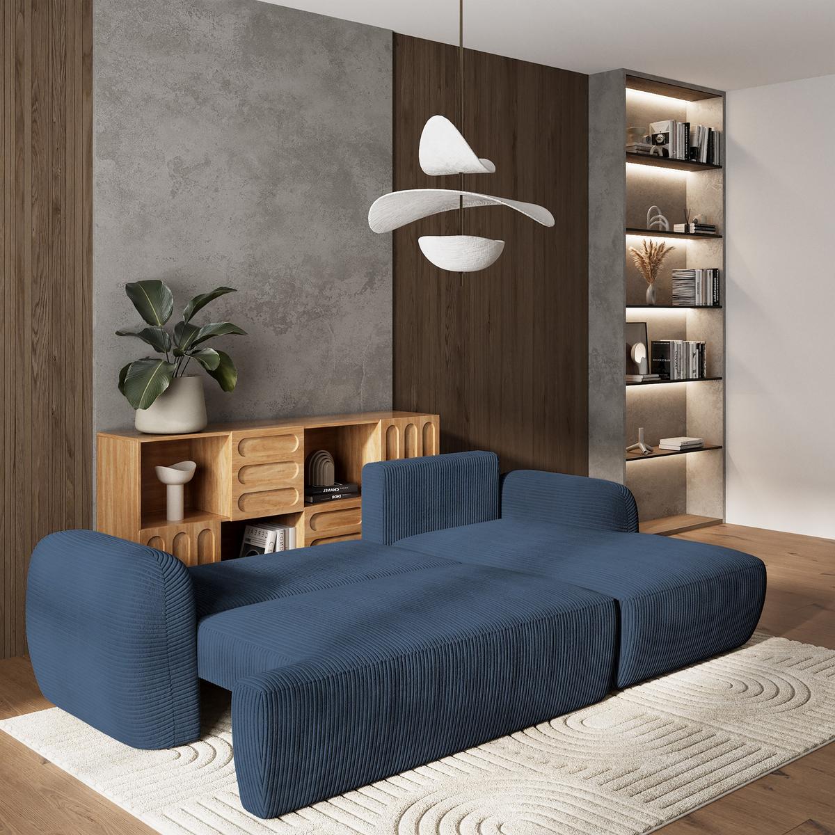 ECKSOFA MODENZA P R-S Blau Kordstoff mit Schlaffunktion - Blau/Schwarz, Holz/Kunststoff (266/148cm) - MASSENO