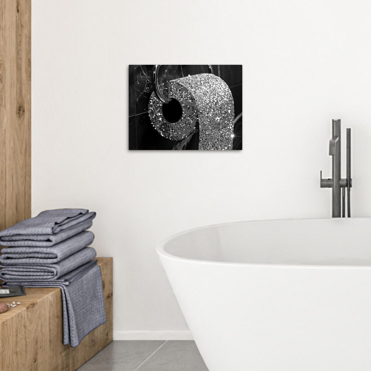 LEINWANDBILD WC - Toilettenpapier - Schwarz und weiß - Glitter Wandbild 40x30 cm - Silberfarben, Textil (40/30cm) - MuchoWow