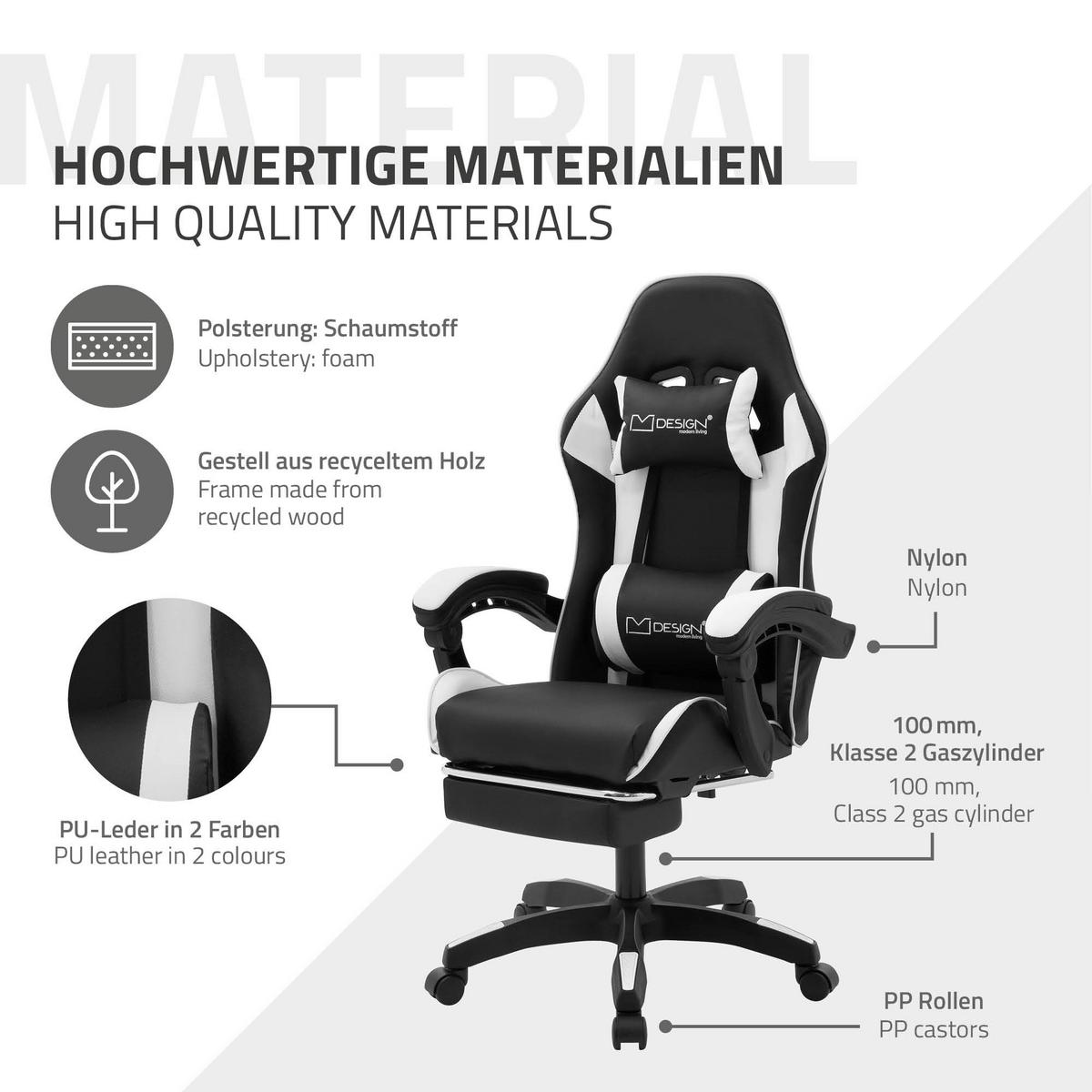 GAMINGSTUHL Schwarz-Weiß aus Kunstleder - Schwarz/Weiß, Kunststoff/Metall (62/119/62cm) - ML-DESIGN