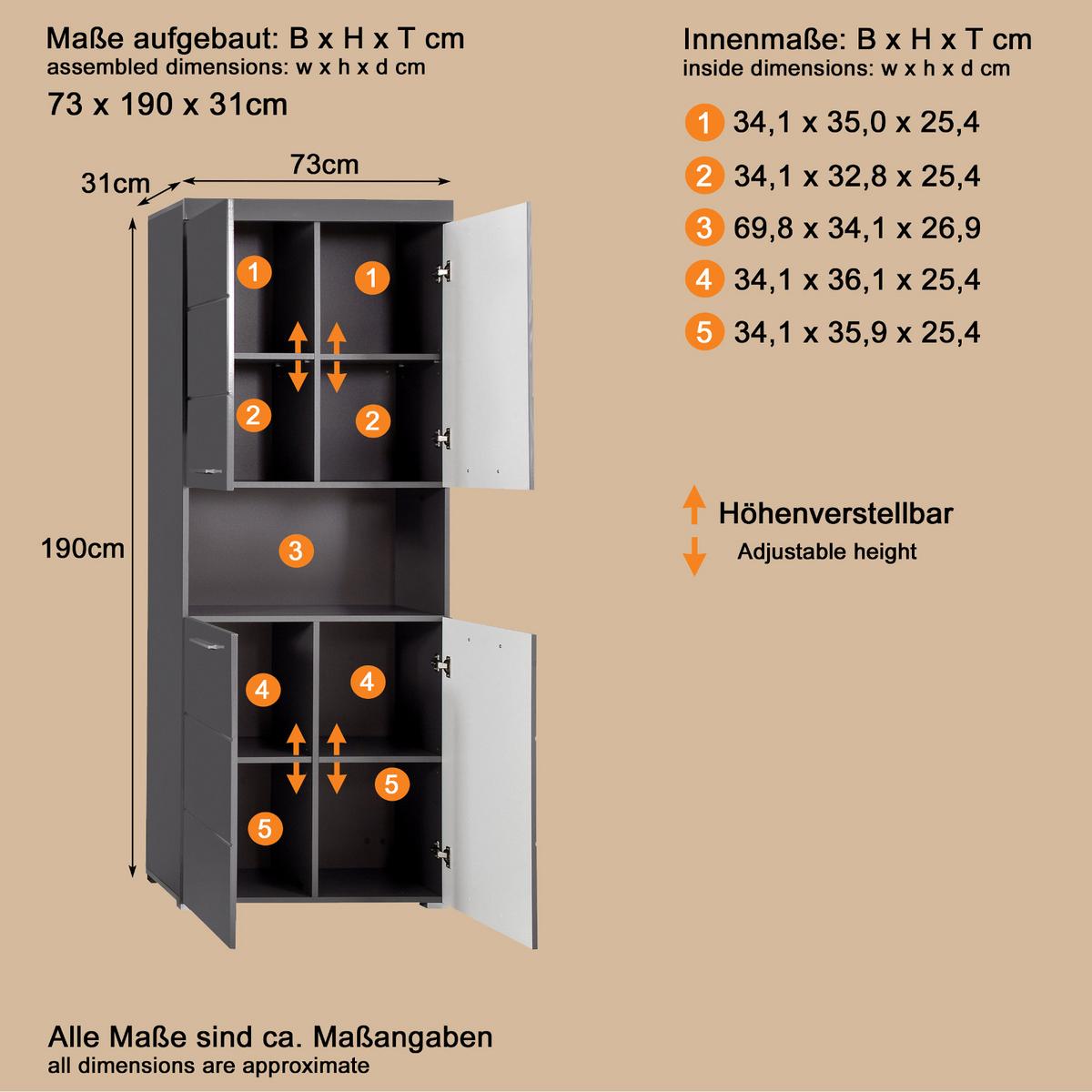 HOCHSCHRANK grau Hochglanz 73 x 190 cm, Badschrank 4-türig - Grau, Holzwerkstoff/Kunststoff (73/190/31cm) - Top.Furn