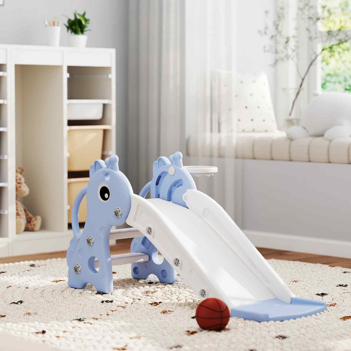 KINDERRUTSCHE, 3 in 1, Kleinkinderrutsche mit Basketballkorb, Basketball, Blau - Blau, Kunststoff (51.5/52/106cm) - AIYAPLAY