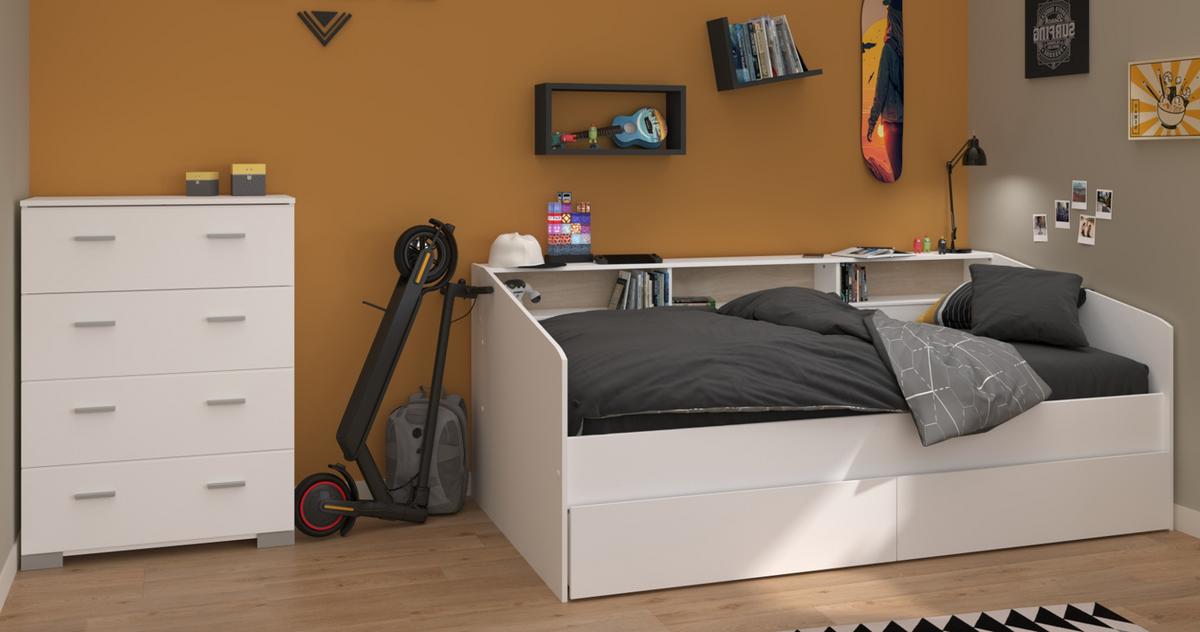 KINDERZIMMER Set 2-tlg. mit Stauraumbett 90x200 cm und Kommode - Silberfarben/Weiß, Holz/Holzwerkstoff (206/82/113cm) - Parisot Meuble