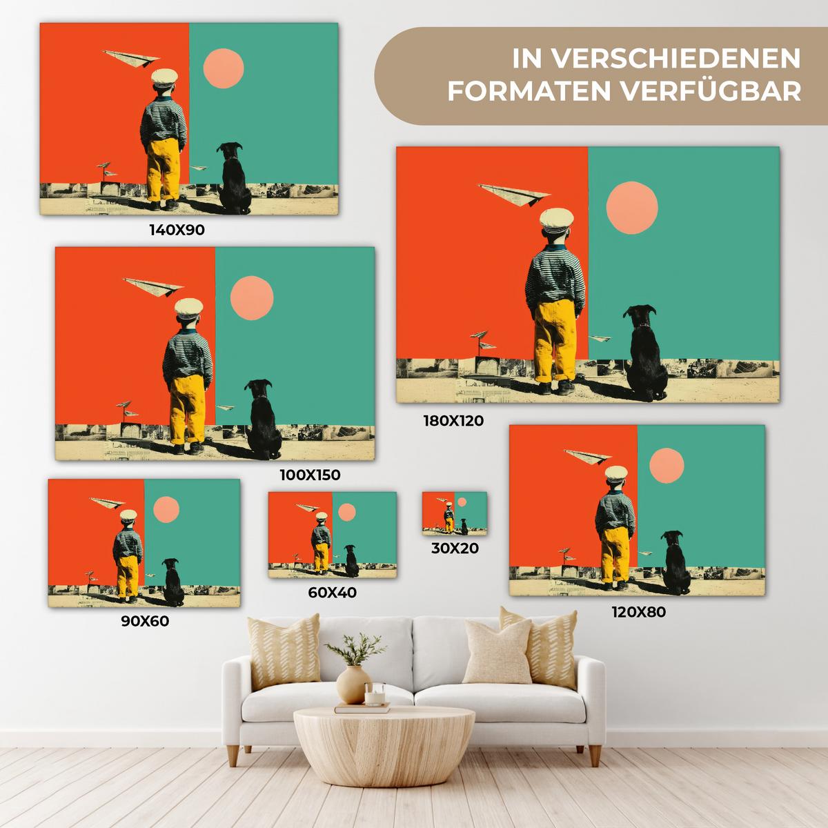 LEINWANDBILD Retro - Junge - Hund - Rot - Grün Wanddeko 90x60 cm - Orange, Textil (90/60cm) - MuchoWow