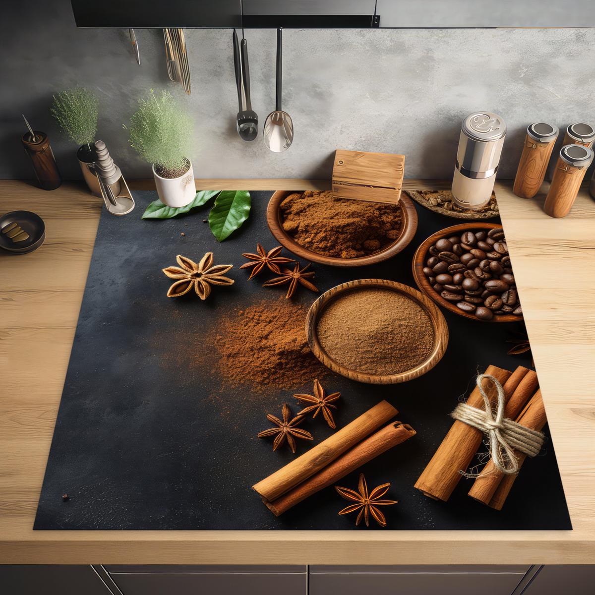HERDABDECKPLATTE Zimt - Beton - Kaffee - Zimtstangen - Gewürze Induktionsmatte 78x78 cm - Mokka, Kunststoff (78/78/0.2cm) - MuchoWow