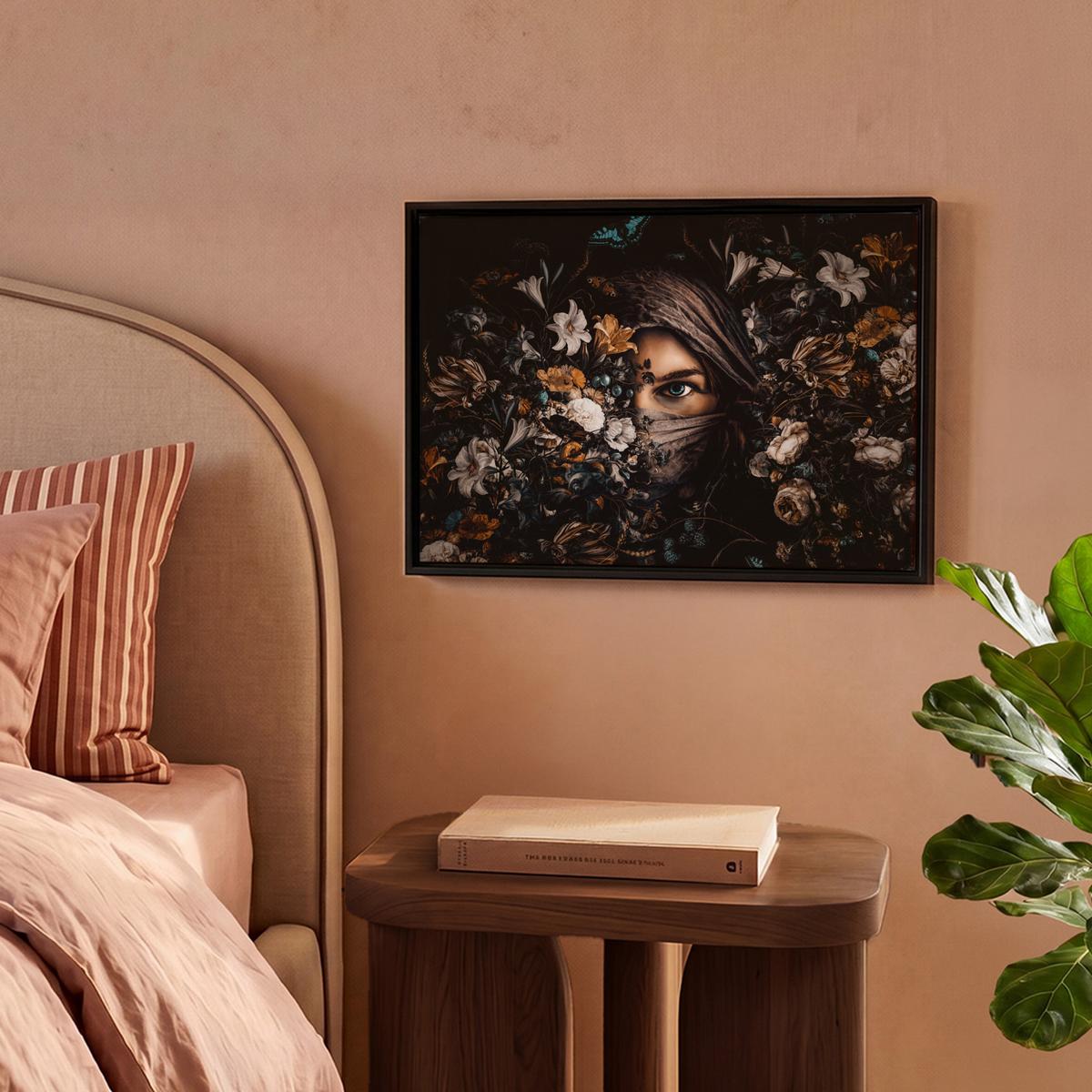 LEINWAND Bilder mit Rahmen - Frau - Luxus - Blumen - Schmetterling - Porträt - 40x30 - Schwarz, Textil (40/30cm) - MuchoWow
