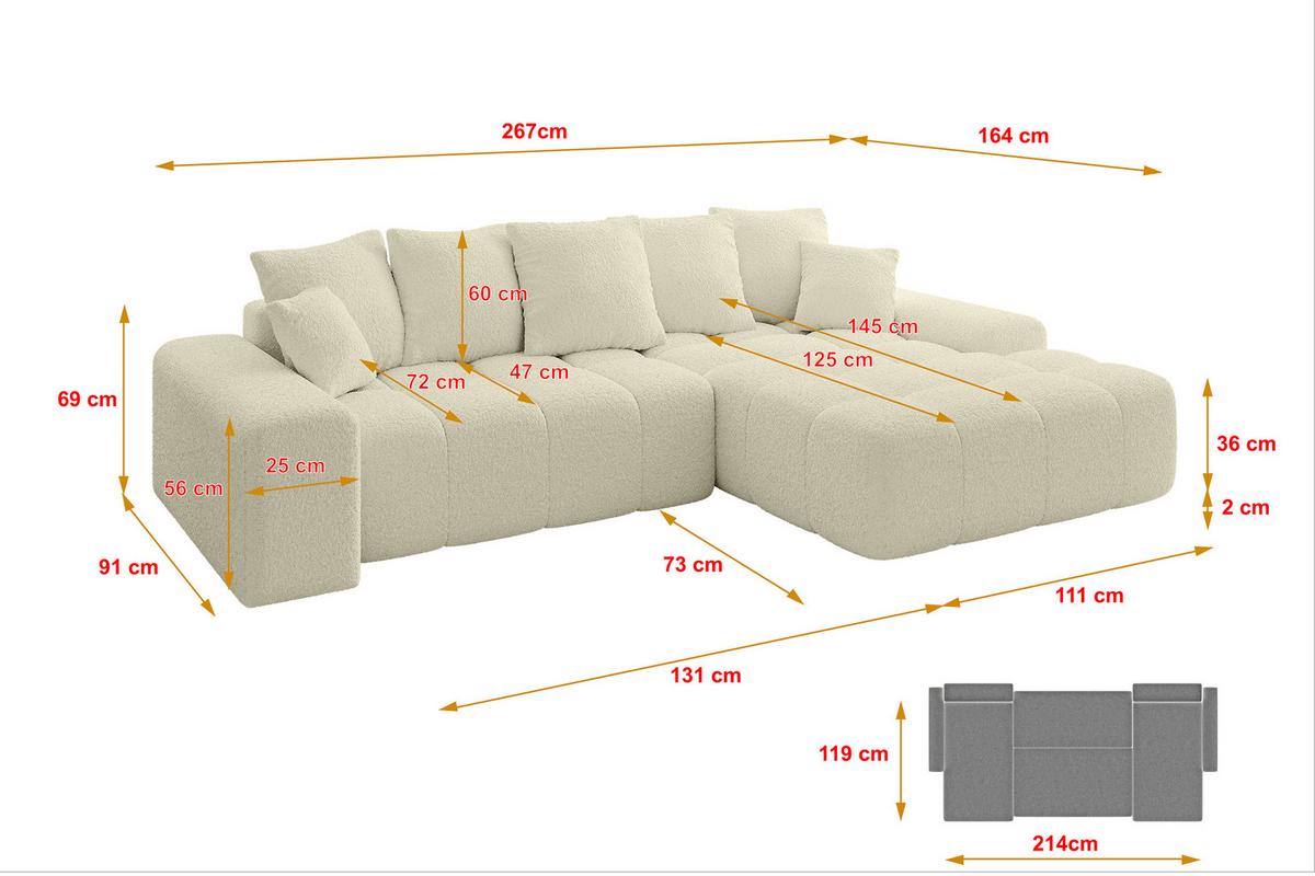 ECKSOFA Ottomane Rechts ENSI-L - 267x164x69 cm Creme - Hellbraun/Creme, Holzwerkstoff/Kunststoff (164/267cm) - ALTDECOR