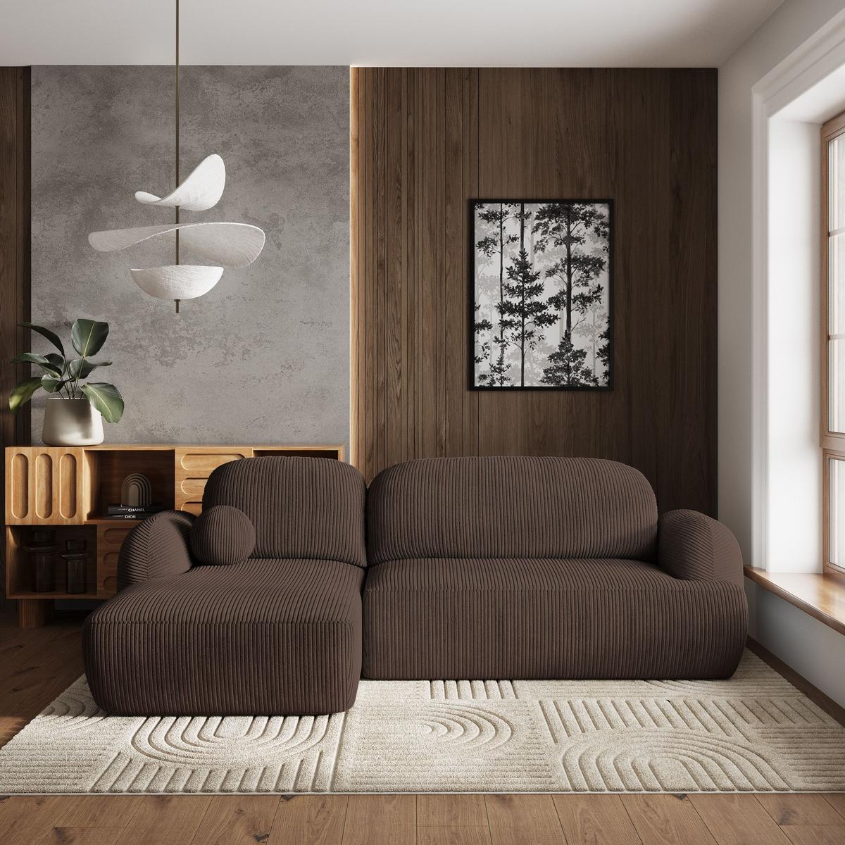 ECKSOFA MODENZA P L-S Braun Kordstoff mit Schlaffunktion - Schwarz/Braun, Holz/Kunststoff (266/148cm) - MASSENO